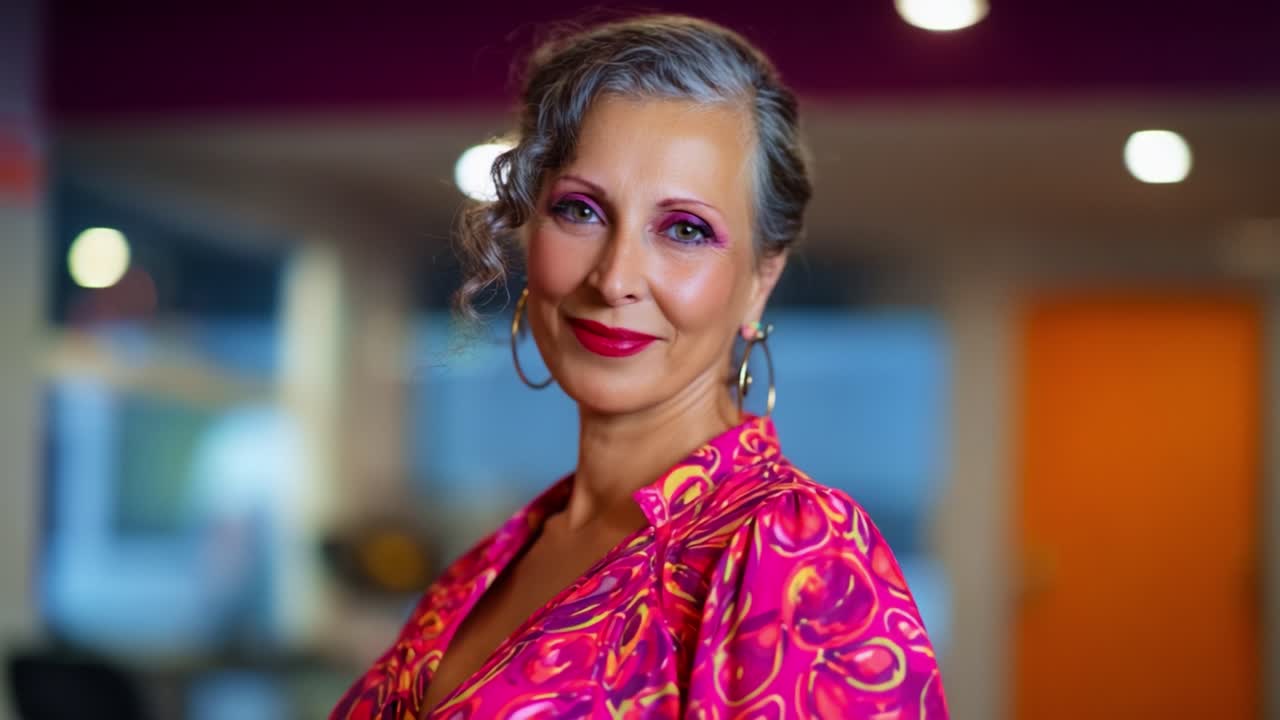 Una donna sicura di sé con eleganti capelli grigi posa con grazia indossando un vivace completo rosa, mettendo in mostra la sua eleganza e il suo carisma in un ambiente moderno al chiuso.