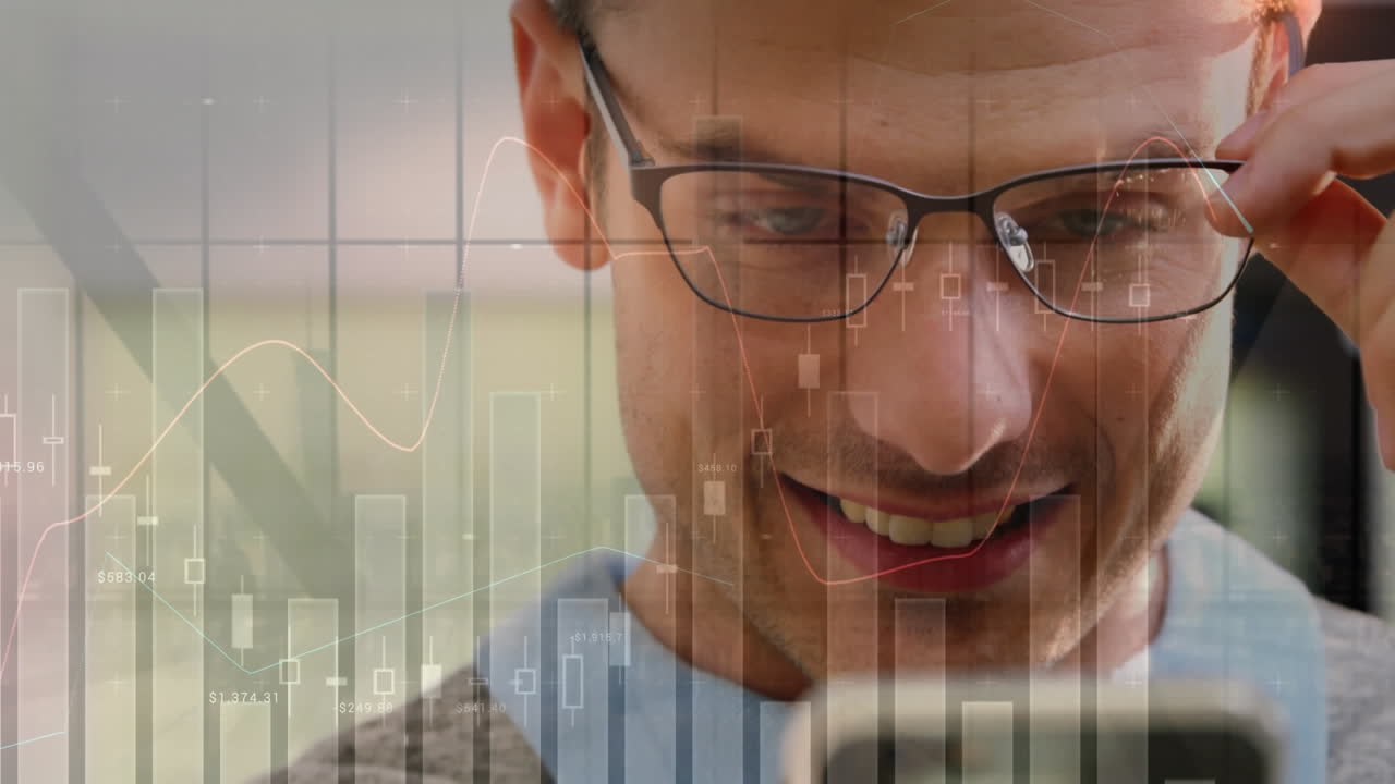 Animation of statistical data processing over caucasian man wearing glasses using smartphone