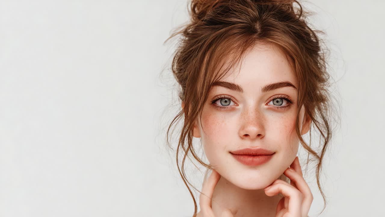Un sereno ritratto di una giovane donna con lentiggini e capelli castano chiaro raccolti in uno chignon disordinato, che cattura la bellezza naturale e i tratti espressivi