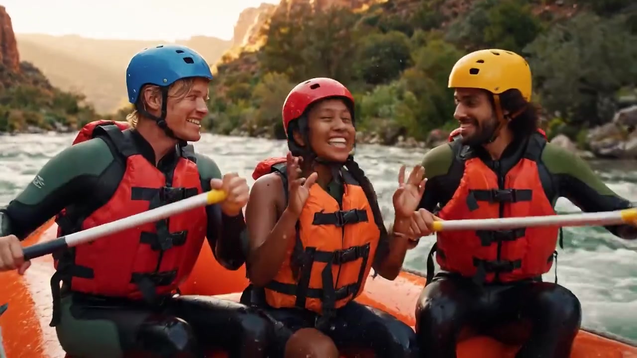 Emozionante avventura di rafting: Amici conquistano le rapide in un viaggio gioioso attraverso un canyon fluviale panoramico al tramonto, tra risate ed eccitazione.
