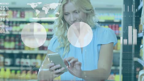 financial data processing over globe against woman using smartphone while grocery shopping