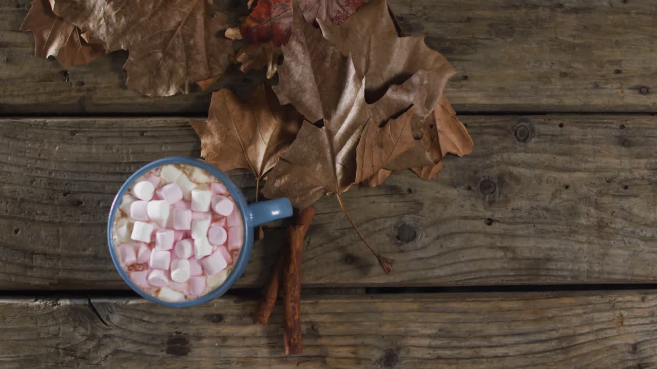 Tazza di cioccolata calda con marshmallow, foglie autunnali e bastoncini di cannella su superficie di legno
