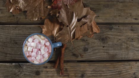 cup of hot chocolate with marshmallows, autumn leaves and cinnamon sticks on wooden surface