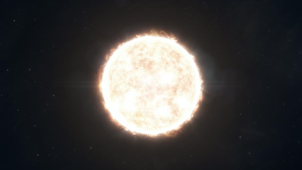 медленно приближается к реалистичной светящейся оранжевой звезде в космосе