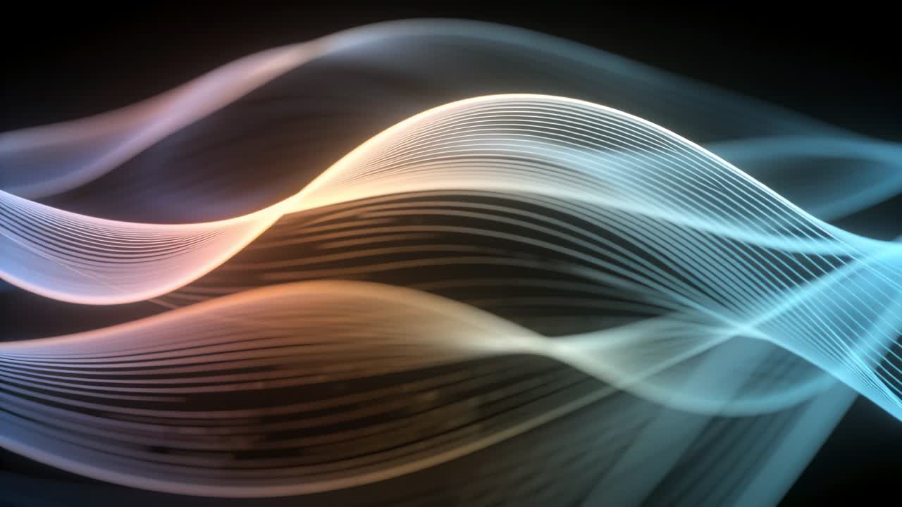 Appearing, ribbons in warm and cool tones shifting and weaving on dark void, forming braided shapes