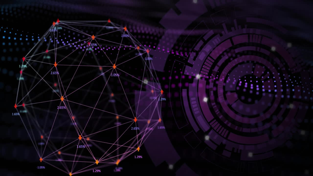 Animation of purple circular scanner and global network processing data on black background