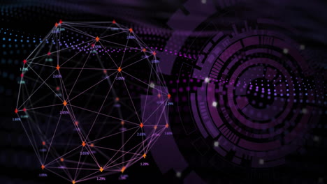 Animation-of-purple-circular-scanner-and-global-network-processing-data-on-black-background