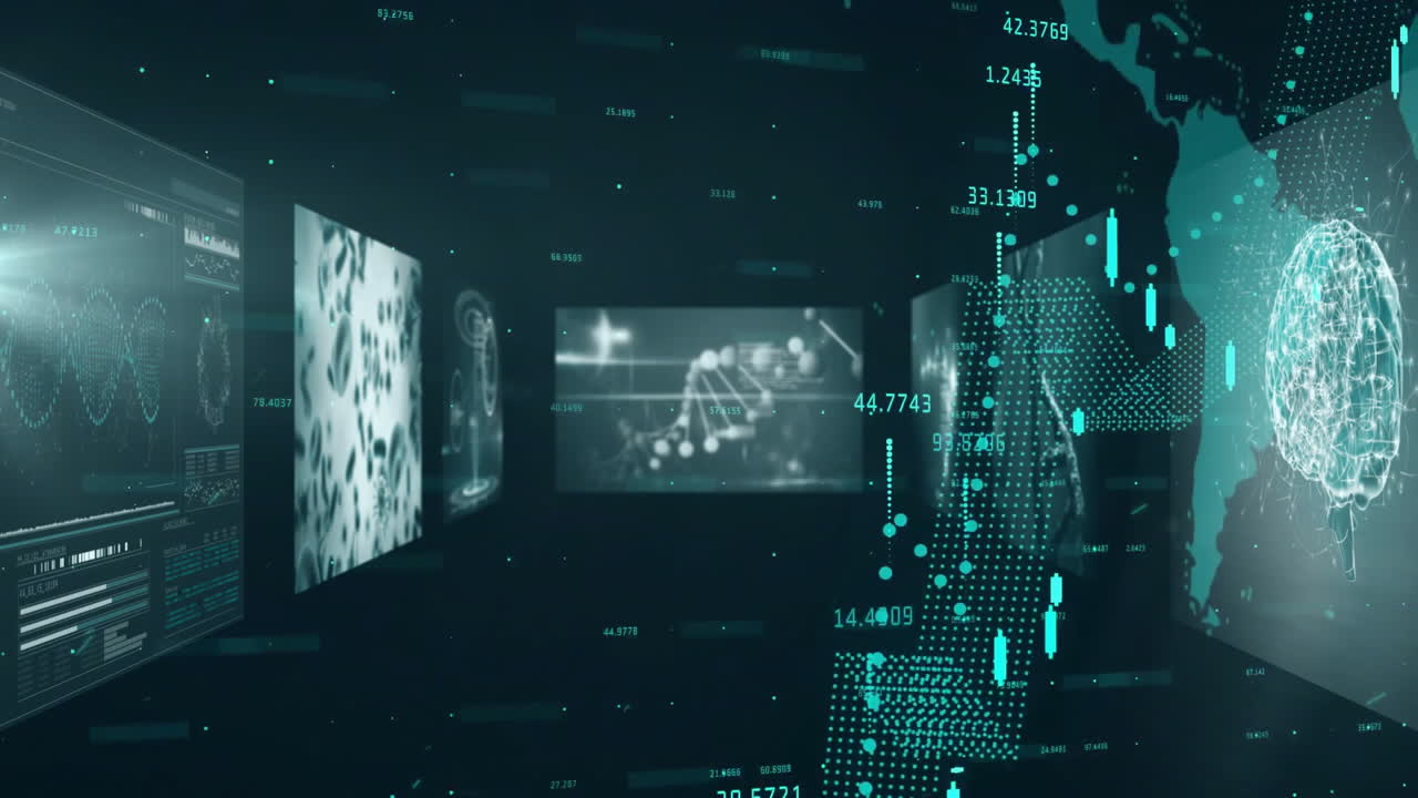 Digital screens showing DNA strand animation and scientific data in futuristic lab