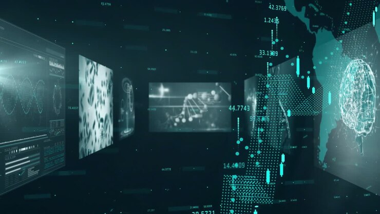 Digital screens showing DNA strand animation and scientific data in futuristic lab