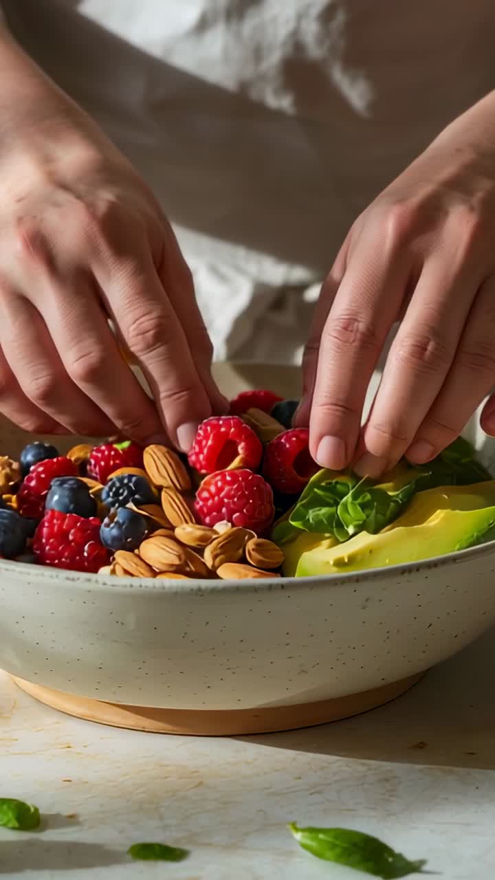 Vertical video: Hovering cook with white apron styling raspberries in ...