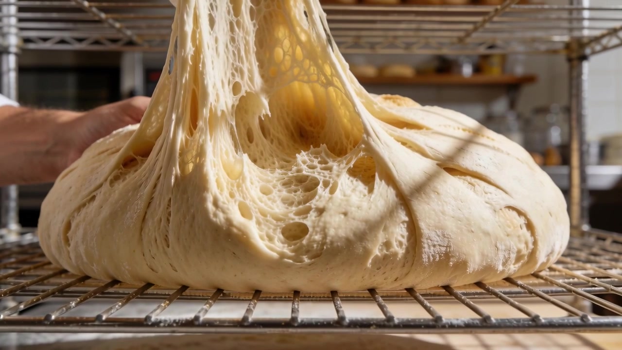 Lifting dough top, baker in white coat stretching crumb through wire rack, checking rise at bakery