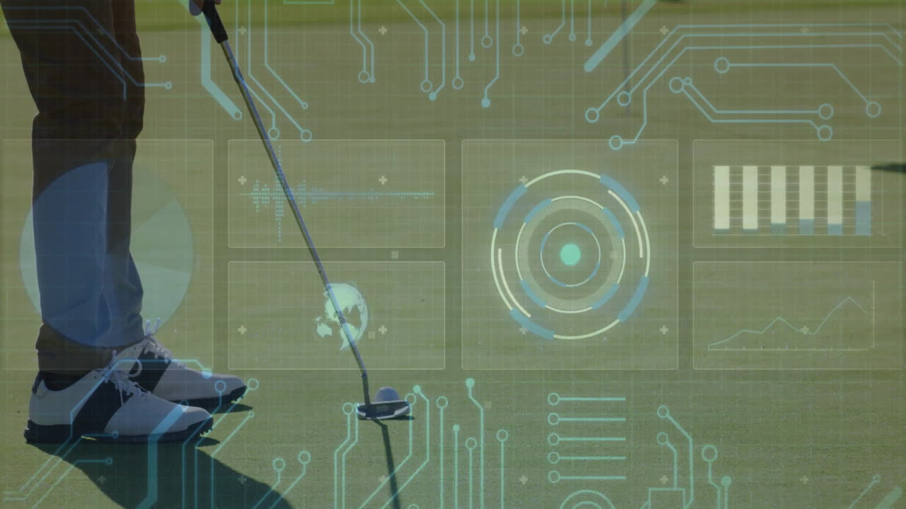 Male golfer lining up putt on putting green, showing technology HUD with circuit graphs, bar charts
