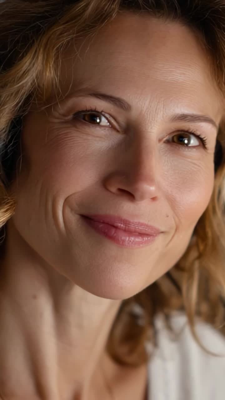 A Woman with Curly Hair and a Radiant Smile Engages in Friendly Conversation, Expressing Warmth and Joy in a Close-Up Shot for a Personal Connection