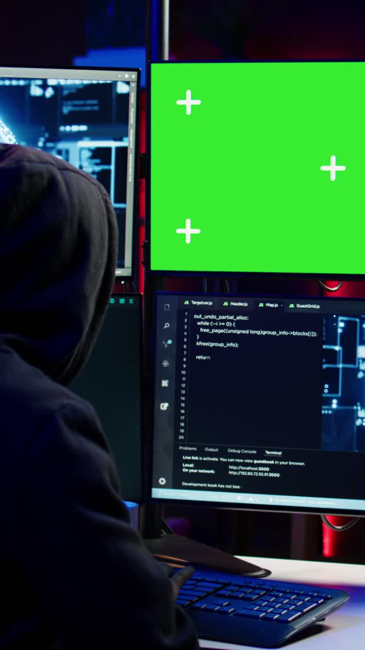 Vertical video Hacker working on chroma key PC using artificial intelligence tech