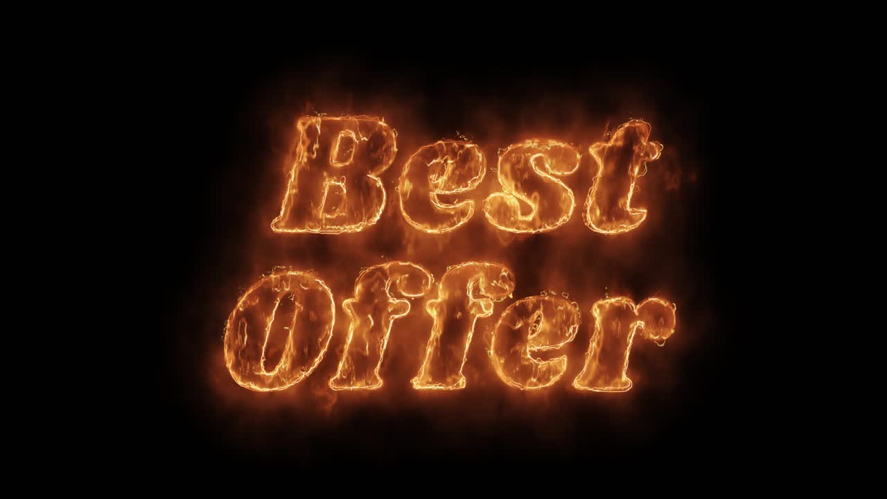 Wort „Bestes Angebot“ – heiß animiert, brennende realistische Feuerflamme und Rauch, nahtlose Schleifenanimation