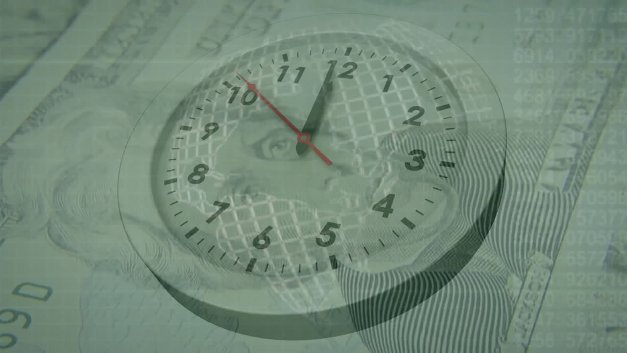 Animation of clock moving over banknotes