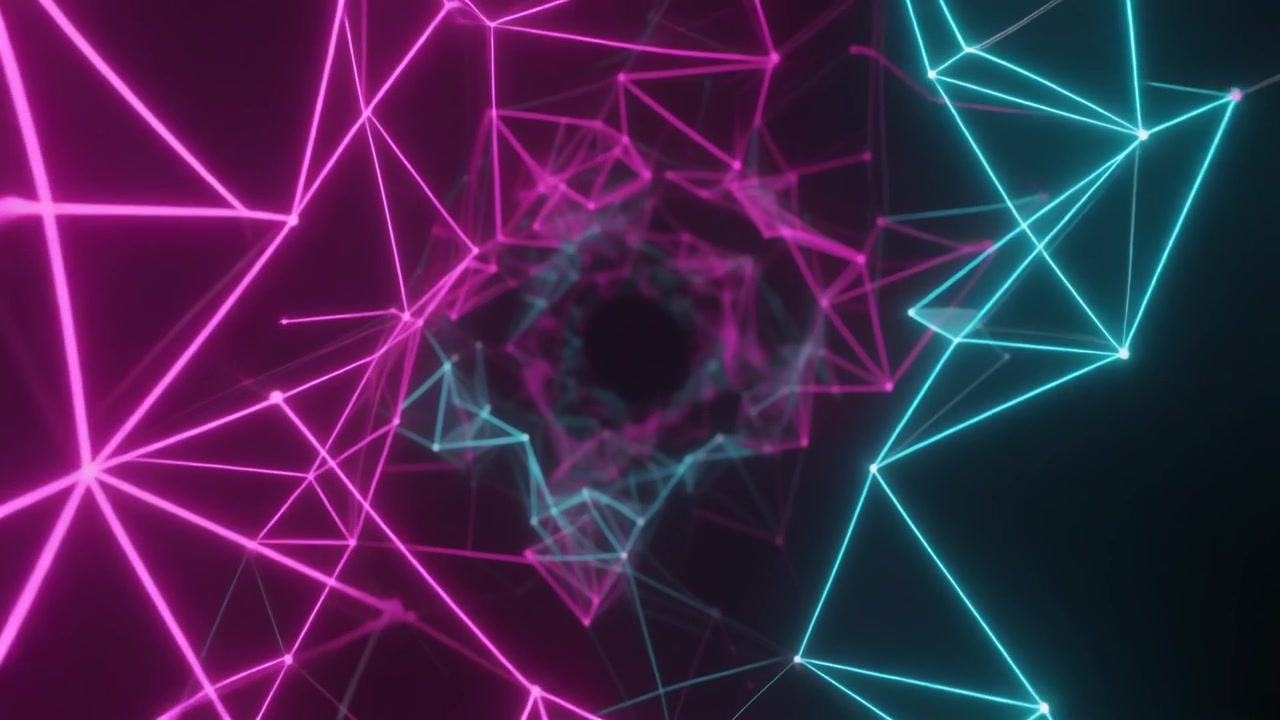 Tunnel geometrico astratto al neon luminoso con linee rosa e blu
