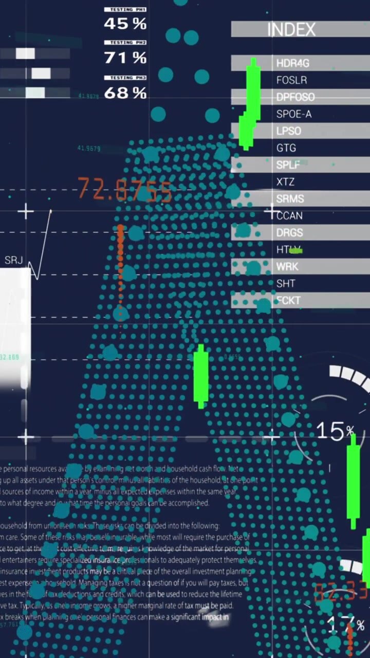 Animation of multicolored graphs with changing numbers over infographic interface