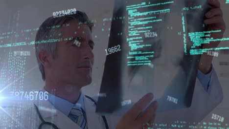 animación de números cambiantes y lenguaje informático sobre un médico caucásico analizando el informe de rayos x