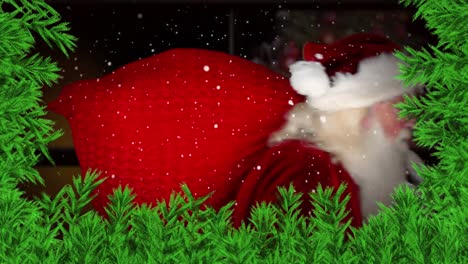 digital animation of green branches and snow falling over santa claus carrying gift sack with finger