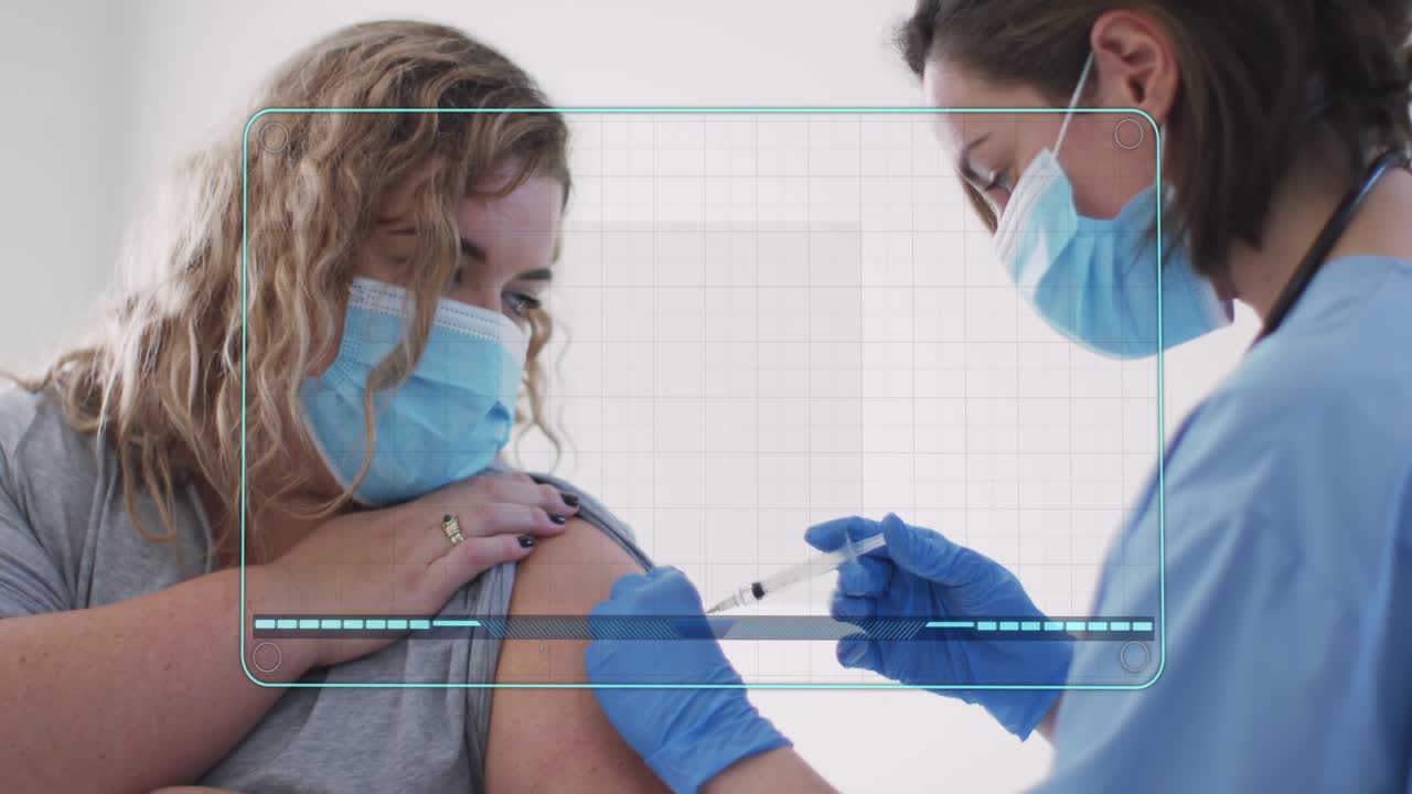 Patient exposing arm while nurse approaching with syringe, giving vaccine, HUD showing chart data