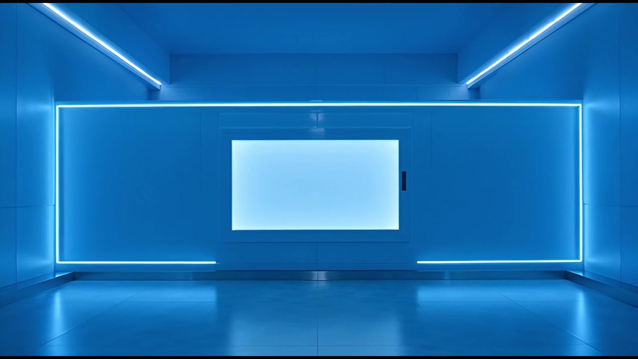 Empty Futuristic Room With Glowing Blue Neon Lights and Blank Screen