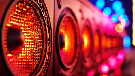 a row of computer speakers with colorful lights in the background