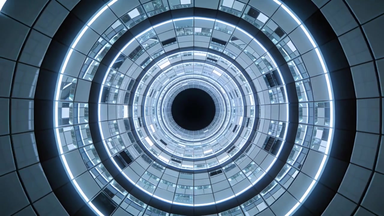 Inizio della discesa della telecamera che rivela un atrio d'ufficio ad anelli, anelli di vetro e LED pulsanti, mostrando profondità.