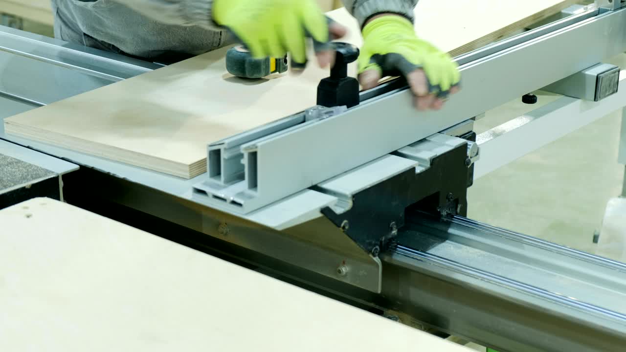 sierra circular en acción, carpintero cortando hojas de madera contrachapada. fabricación de muebles de madera