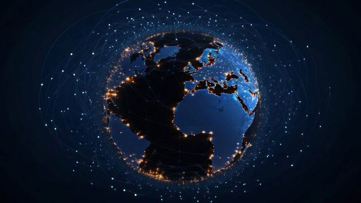 Aerial view of a digital Earth with glowing connections