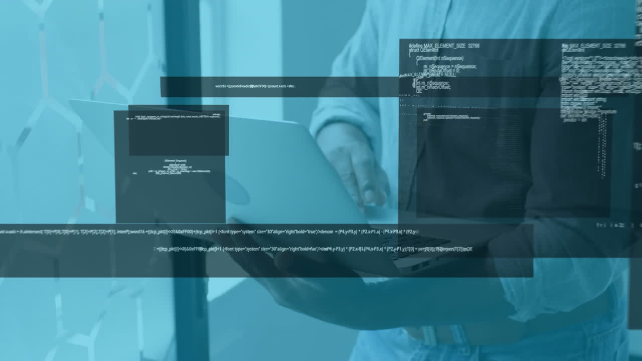 animación del procesamiento de datos sobre un hombre de negocios que usa una computadora portátil
