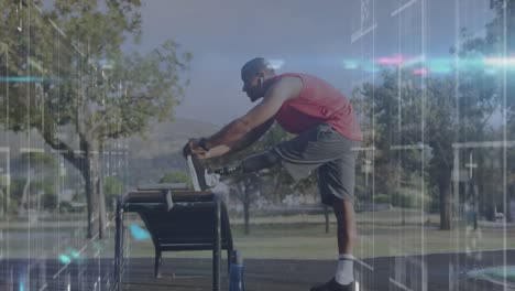 animation of processing data over male athlete with prosthetic leg exercising outdoors