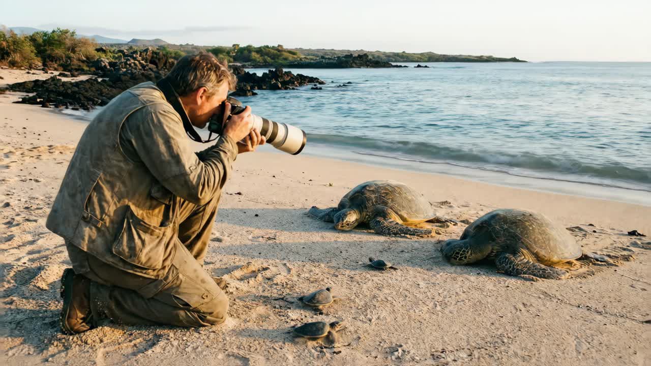 Fotografo inginocchiato sulla spiaggia per immortalare tartarughe marine e cuccioli
