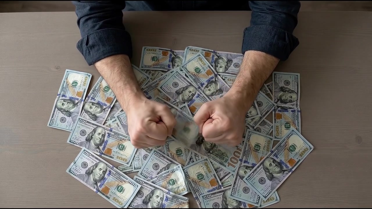 Bank teller organizing stack of us dollar bills as cash payment