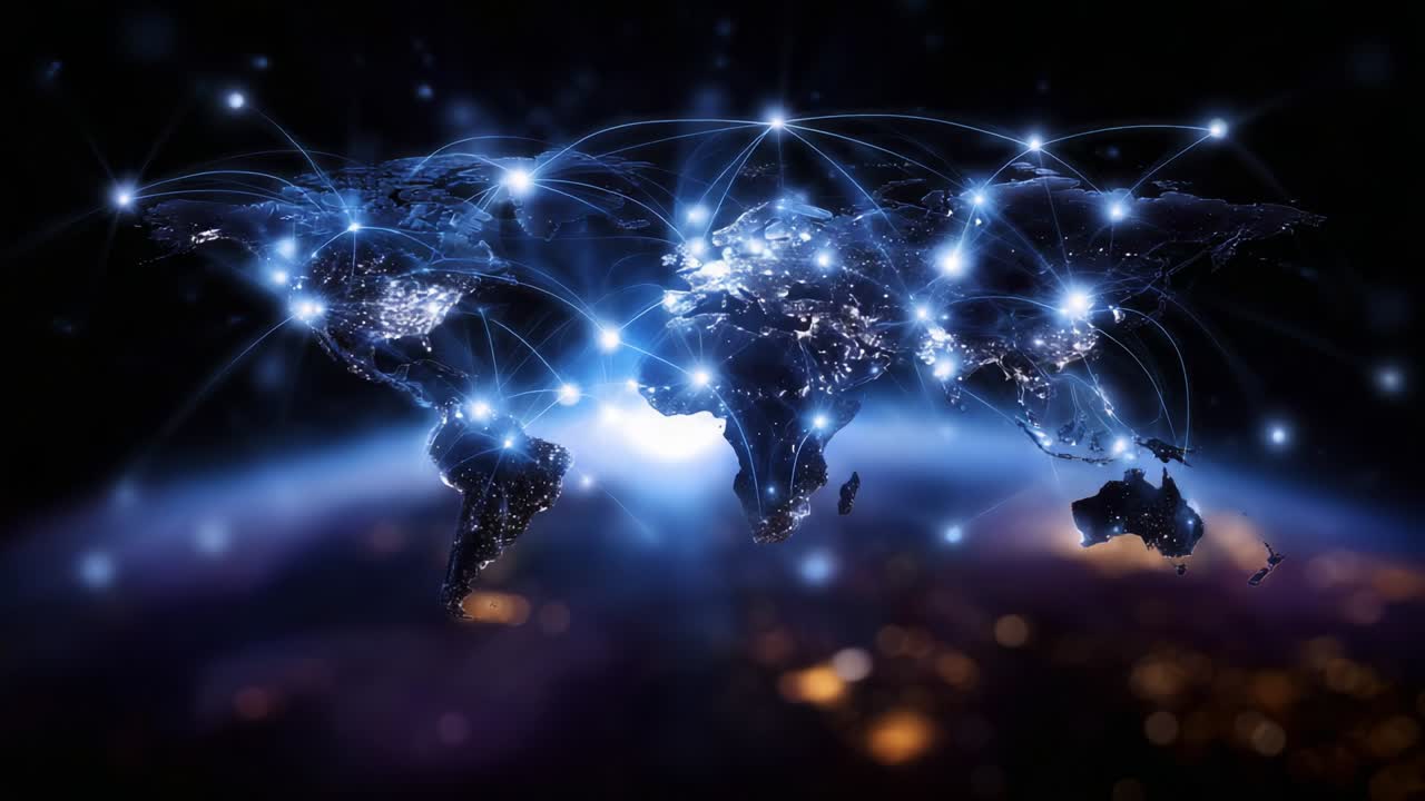 Visual Representation of Global Connectivity Featuring a Map of Earth Illuminated by Network Lines and Points of Light, Symbolizing Data Flow and Communication between Continents and Regions Across the Globe