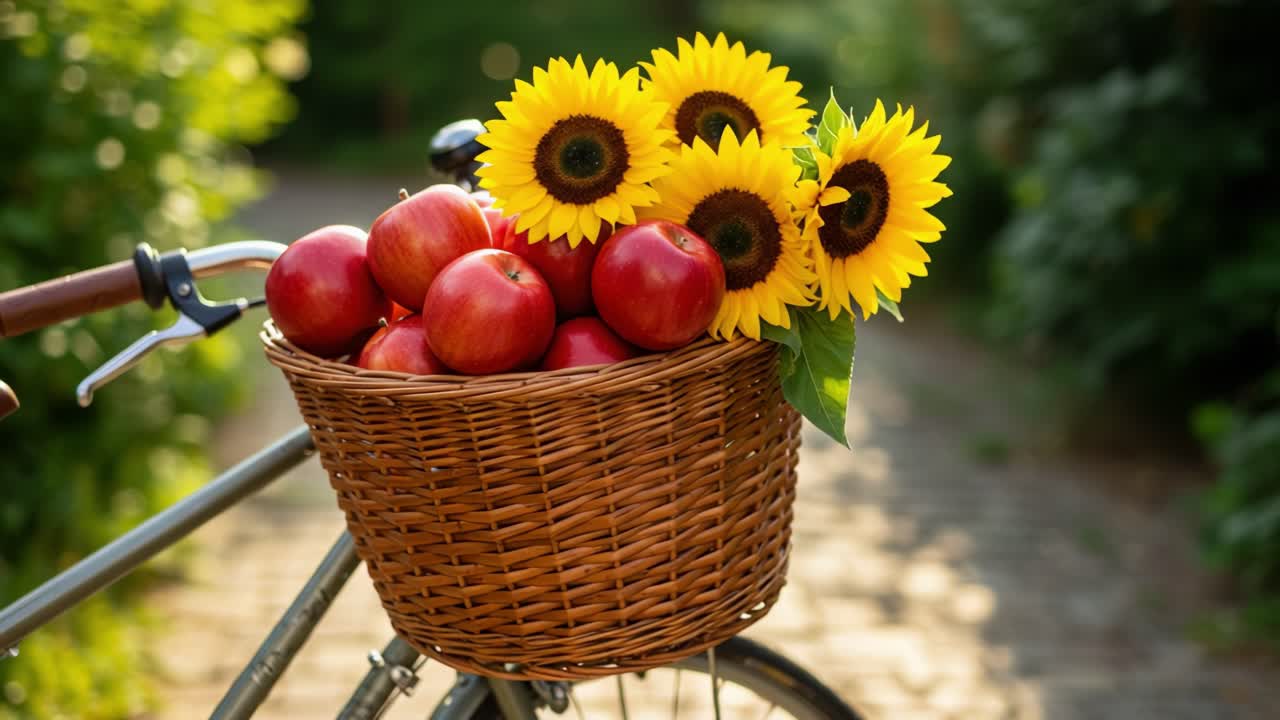 A Vibrant Basket Filled with Fresh Apples and Bright Sunflowers on a Bicycle, Capturing the Essence of a Cheerful Outdoor Adventure in Nature's Embrace