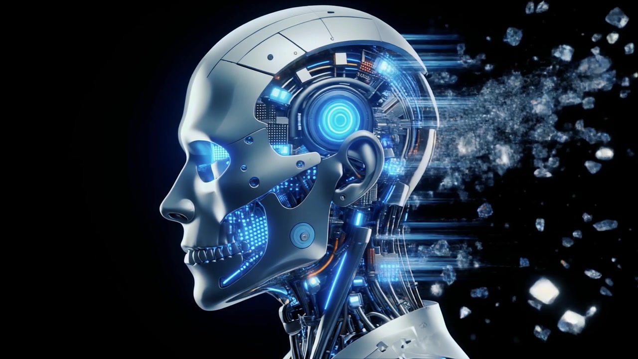 Futuristic Android Head with Glowing Circuits and Dissolving Fragments