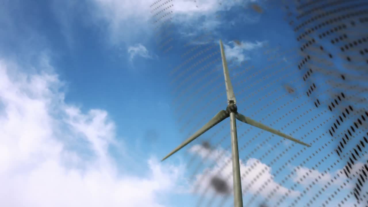 풍력 터빈 위의 지구와 구름이 있는 하늘의 애니메이션