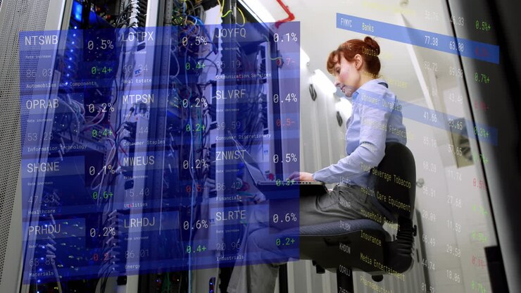 Animation of stock market and financial data processing over caucasian woman by computer server