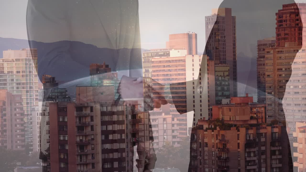 Animação de paisagem urbana sobre dois profissionais de negócios diversos