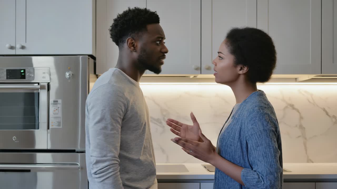 Married couple experiencing heated argument in contemporary kitchen, woman gesturing and expressing frustration while partner listens with visible tension