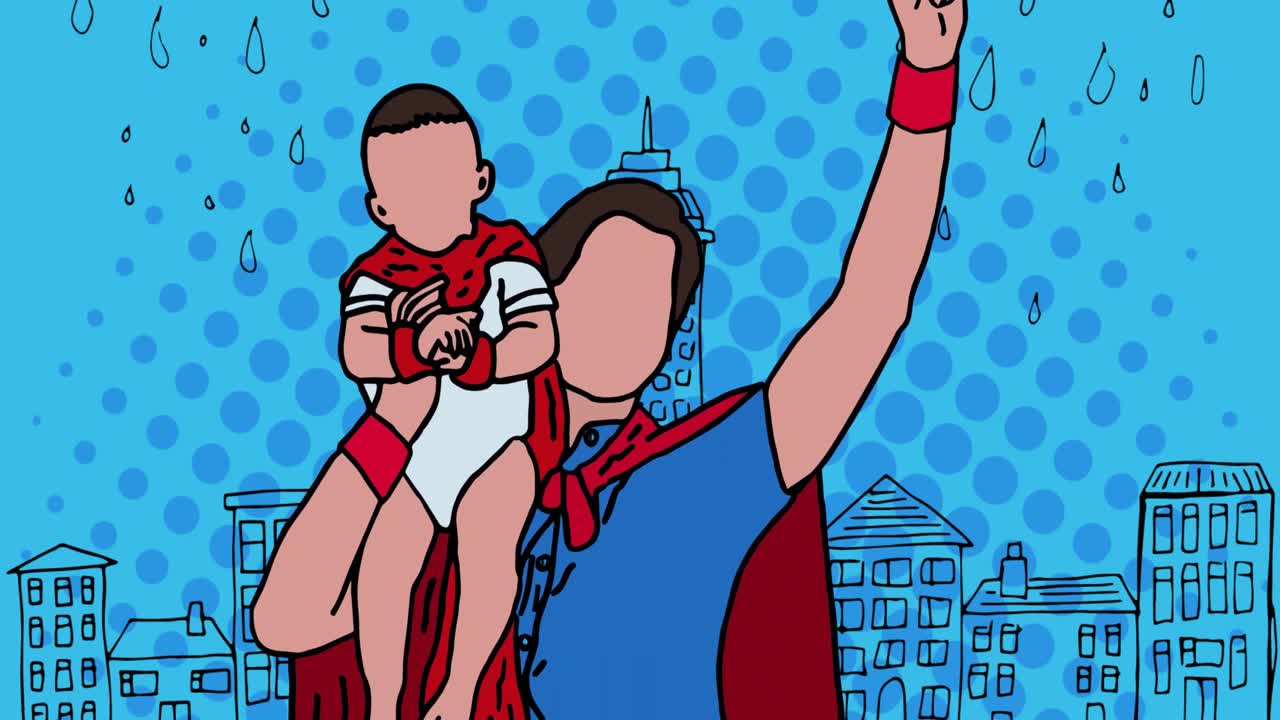 animación de la familia de superhéroes juntos sobre un fondo azul