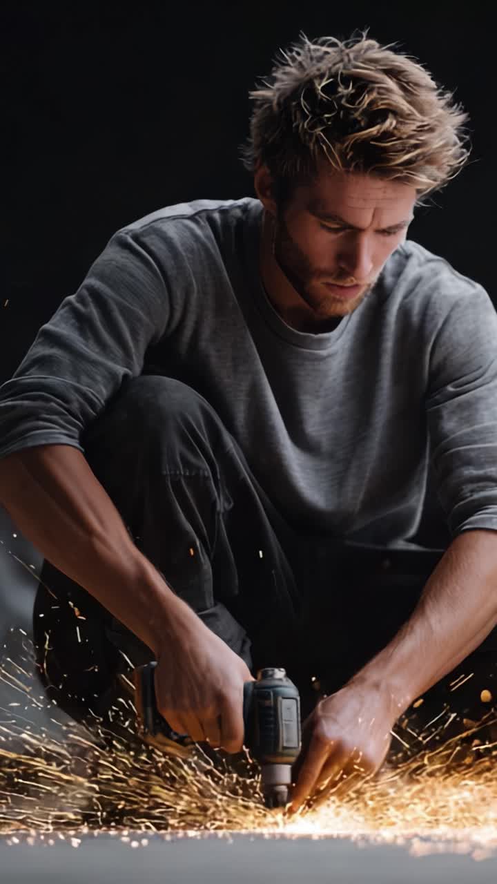 A focused craftsman engages in metalwork, utilizing a power tool to create sparks, embodying dedication and skill in handmade artistry and craftsmanship