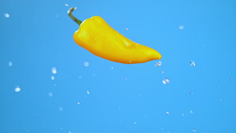 Single-yellow-chili-bell-pepper-jumping-in-air-and-rotating-horizontally