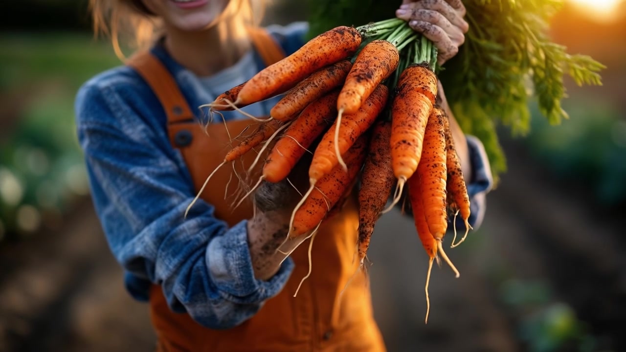 Potret dekat seorang petani tersenyum memegang seikat wortel segar yang baru dipanen di ladang