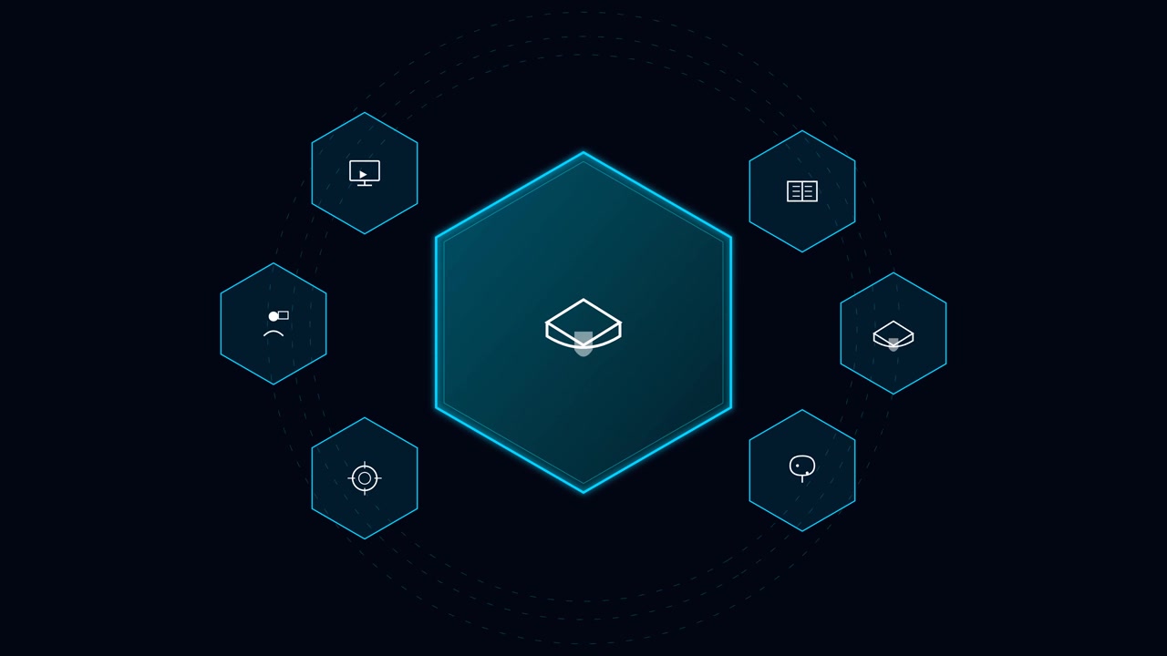 Digital Hexagonal Interface with Animated Icons and Data Nodes