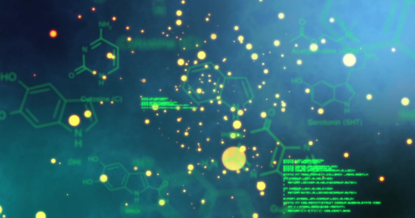 Digital Science Background with Floating Chemical Formulas and Code
