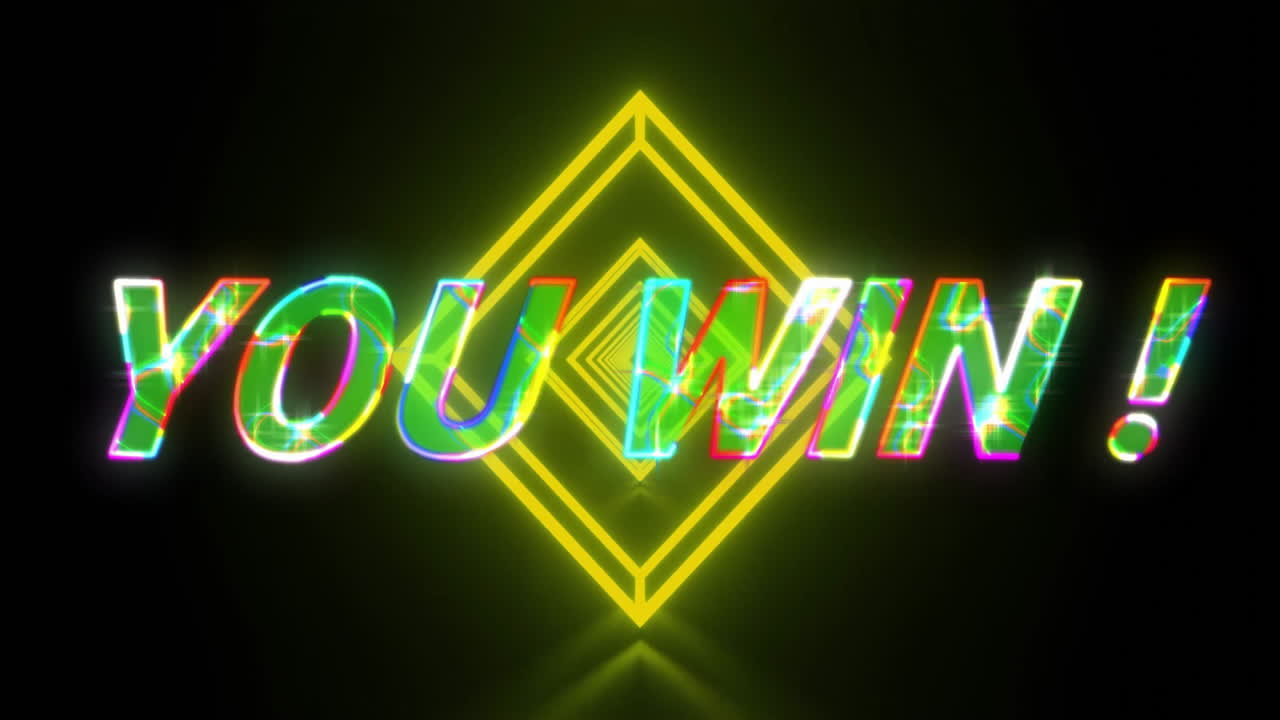Neon glitch text YOU WIN! flowing through glowing yellow diamond tunnel on dark gradient backdrop