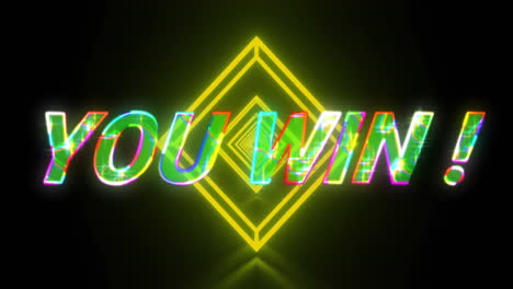 neon glitch text you win! flowing through glowing yellow diamond tunnel on dark gradient backdrop