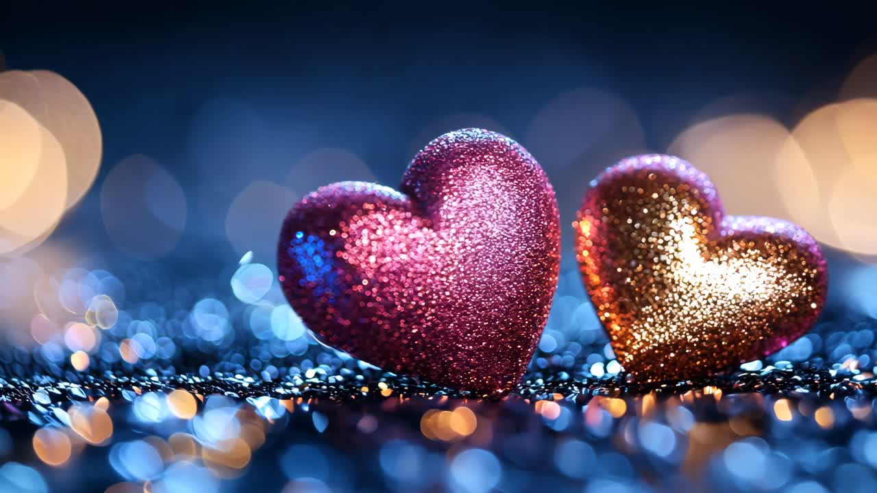 Two hearts with glitter on them are on a dark background. The glitter adds a sparkly and romantic touch to the image